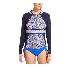 ATHLETA Blue Floral Zip UPF 50+ Indigo Shores Rashguard Women’s Size S